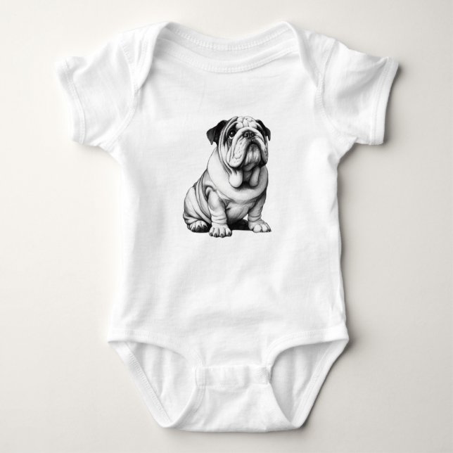 Adorable black and white bulldog sketch baby bodysuit (Front)