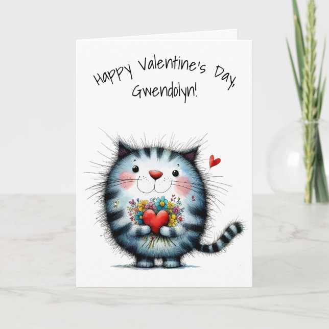 Adorable Black and White Cat Happy Valentine's Day Card (Front)