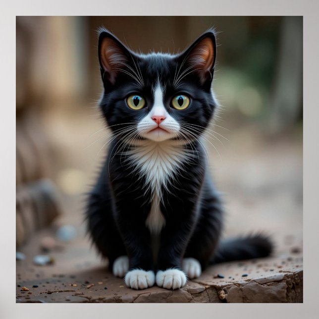 Adorable Black and White Kitten Sitting Outdoors Poster (Front)