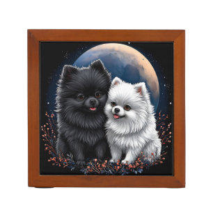 Adorable Black and White Pomeranian Puppies Desk Organizer