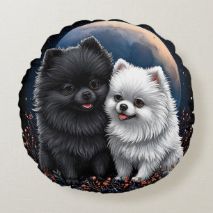 Adorable Black and White Pomeranian Puppies Round Pillow