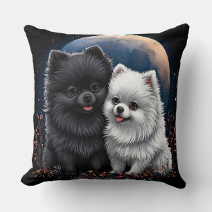 Adorable Black and White Pomeranian Puppies Throw Pillow