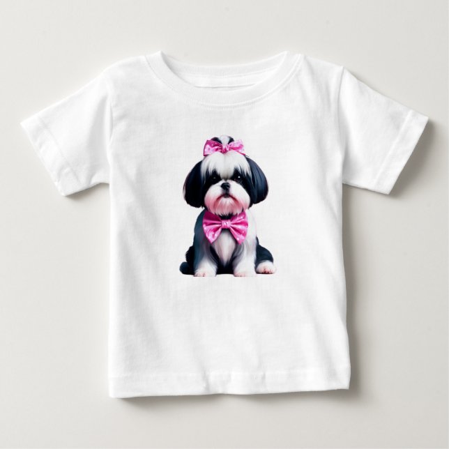 Adorable Black and White Shih Tzu with Pink Polka  Baby T-Shirt (Front)