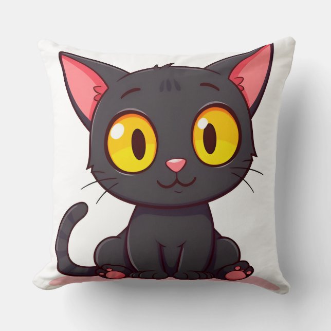 Adorable Black Cartoon Cat Throw Pillow (Front)