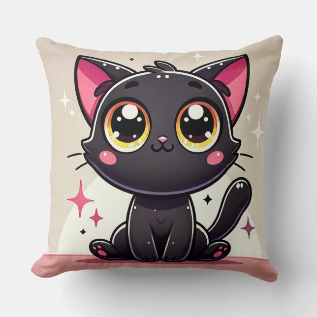 Adorable Black Cartoon Cat Throw Pillow (Front)