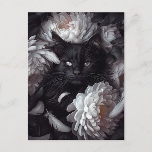 Adorable Black Cat Among Flowers Postcard