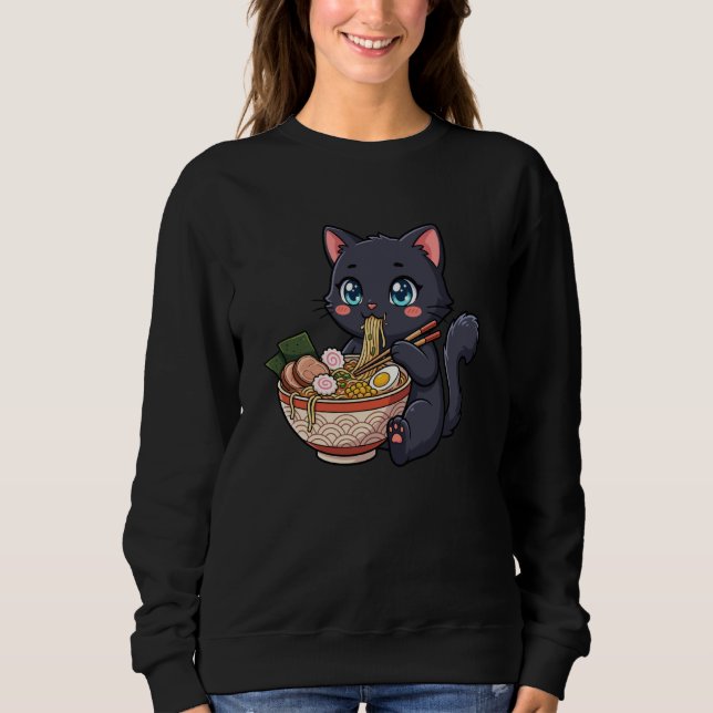 Adorable Black Cat Eating Ramen Kawaii Design Boys Sweatshirt (Front)