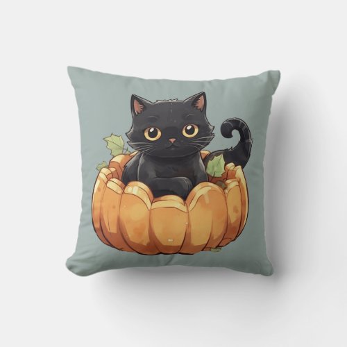 Adorable Black Cat in a Pumpkin Green Halloween Throw Pillow
