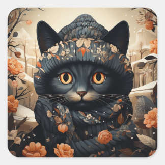 Adorable Black Cat in a Scarf and Hat Square Sticker