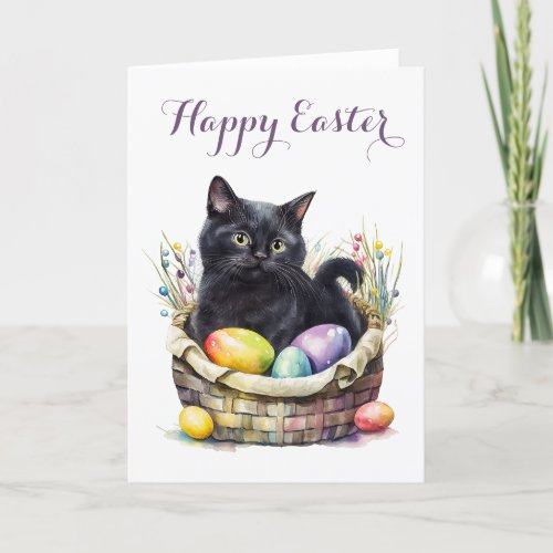 Adorable Black Cat in Easter Basket Holiday Card