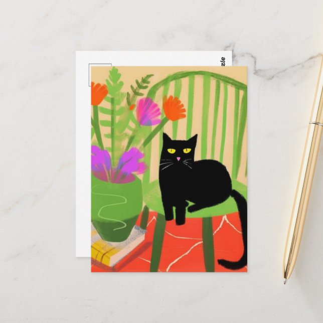 Adorable Black Cat on a Green Chair Postcard (Front/Back In Situ)