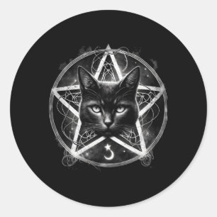 Adorable Black Cat Pentagram Pentacle Star Goth Ki Classic Round Sticker
