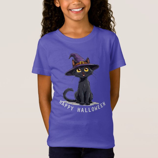 Adorable Black Cat Wearing a Witch Hat T-Shirt (Front)