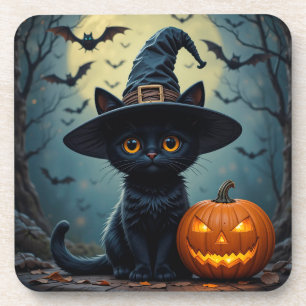 Adorable Black Cat Wearing Witch Hat Beverage Coaster