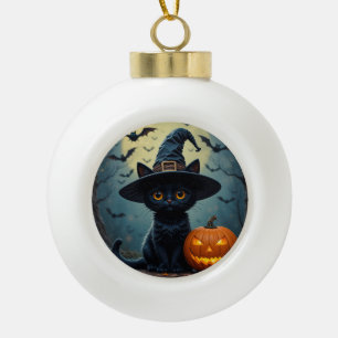 Adorable Black Cat Wearing Witch Hat Ceramic Ball Christmas Ornament