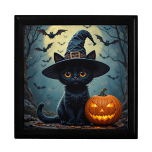 Adorable Black Cat Wearing Witch Hat Gift Box