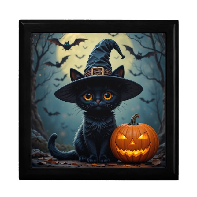 Adorable Black Cat Wearing Witch Hat Gift Box (Front)
