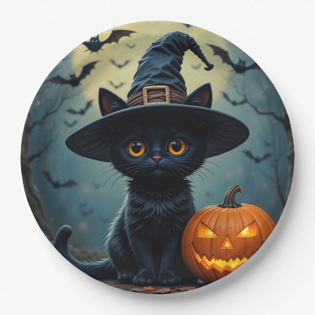 Adorable Black Cat Wearing Witch Hat Paper Plates (Front)