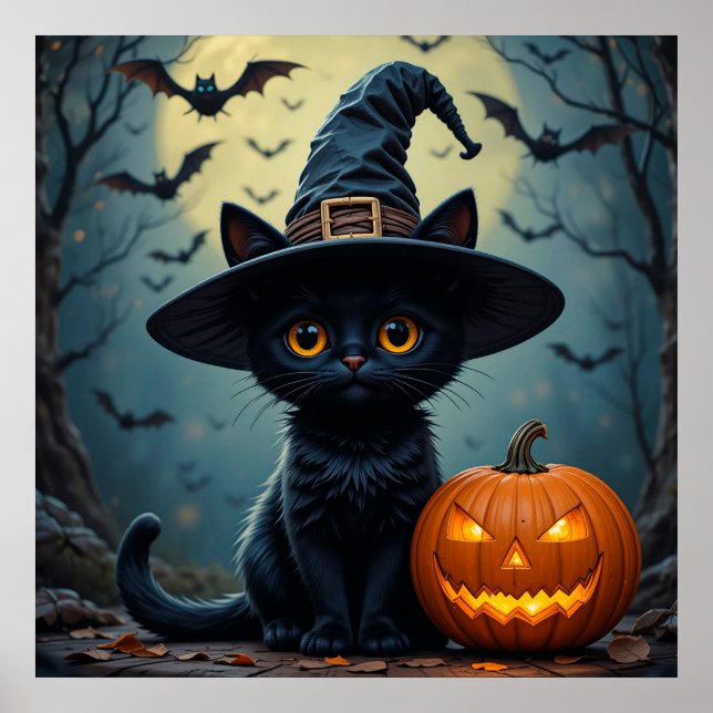 Adorable Black Cat Wearing Witch Hat Poster (Front)