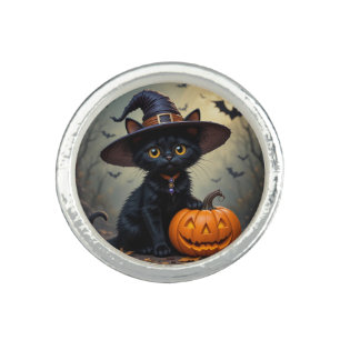 Adorable Black Cat Wearing Witch Hat Ring