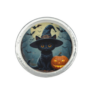 Adorable Black Cat Wearing Witch Hat Ring