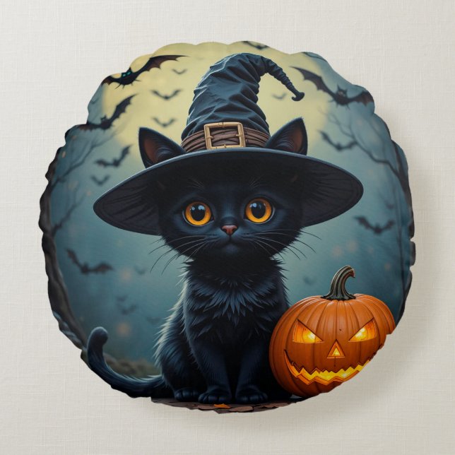 Adorable Black Cat Wearing Witch Hat Round Pillow (Front)
