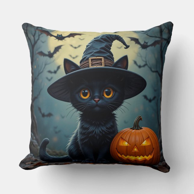 Adorable Black Cat Wearing Witch Hat Throw Pillow (Front)