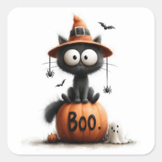 Adorable Black Cat Witch on 'Boo' Pumpkin Sticker