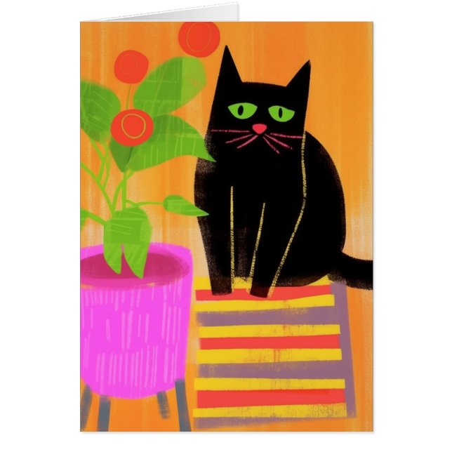 Adorable Black Cat With Houseplants Blank Inside  (Front)