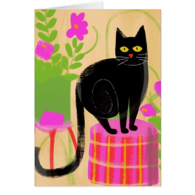 Adorable Black Cat With Houseplants Cards (Front)