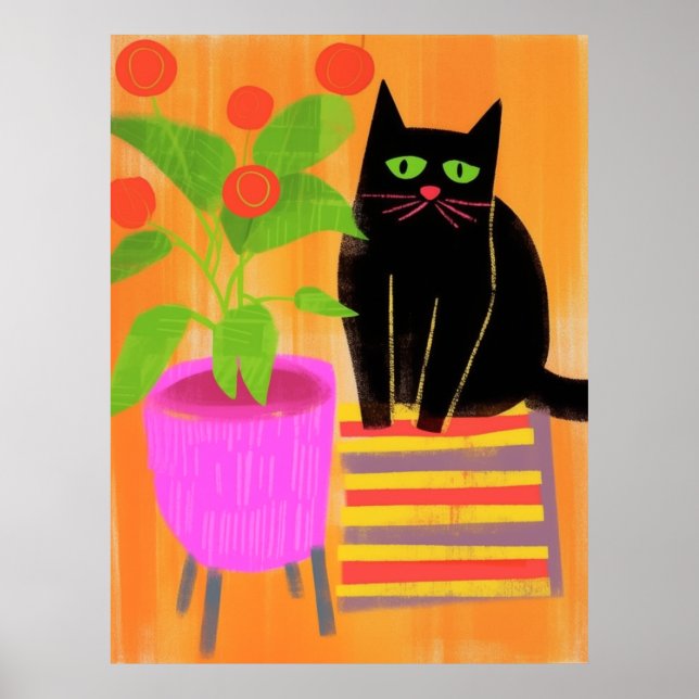 Adorable Black Cat With Houseplants Poster (Front)