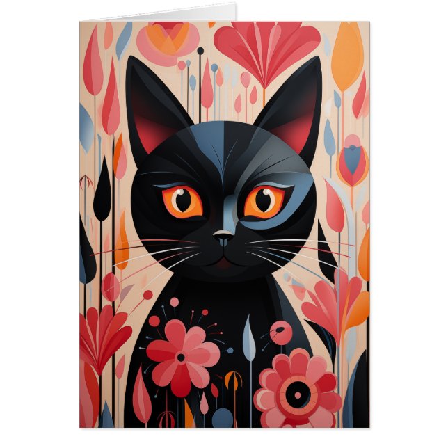 Adorable Black Cat With Pink Flowers Blank Inside  Cards (Front)
