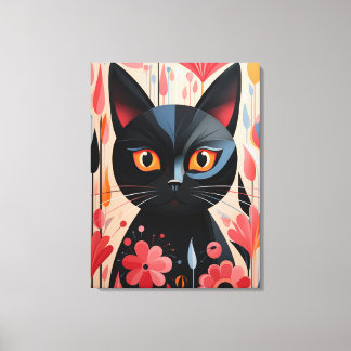 Adorable Black Cat With Pink Flowers Canvas Print