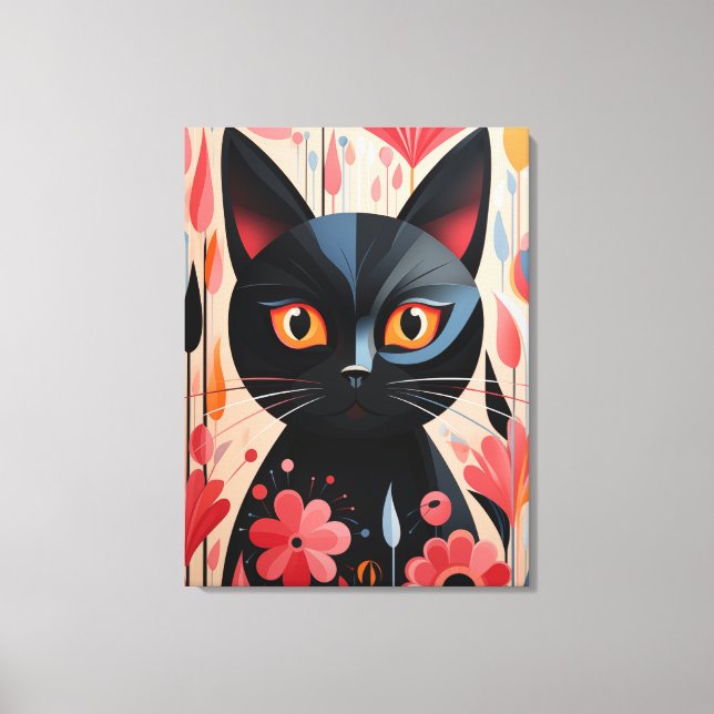 Adorable Black Cat With Pink Flowers Canvas Print (Front)
