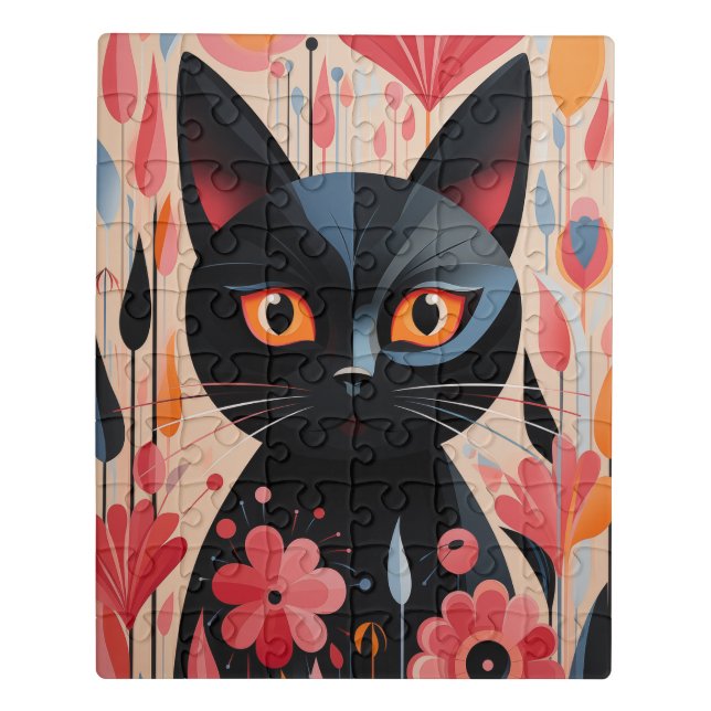 Adorable Black Cat With Pink Flowers Jigsaw Puzzle (Puzzle Vertical)
