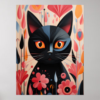 Adorable Black Cat With Pink Flowers Poster