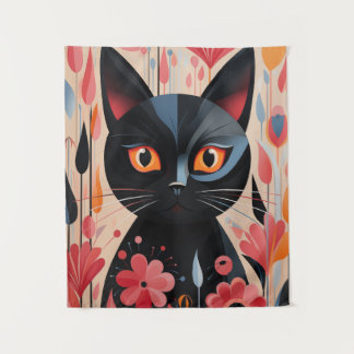 Adorable Black Cat With Pink Flowers Tapestry