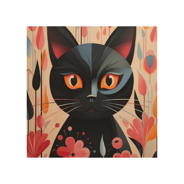 Adorable Black Cat With Pink Flowers Wood Wall Art (Front)