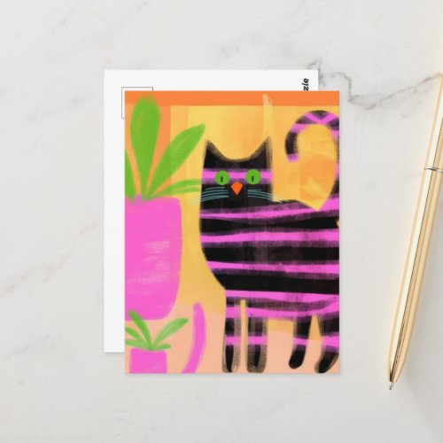 Adorable Black Cat With Pink Stripes Postcard