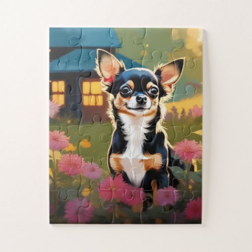 Adorable Black Chihuahua Puppy with Wildflowers Jigsaw Puzzle