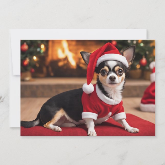 Adorable black Chihuahua with Santa hat Holiday Card (Front)