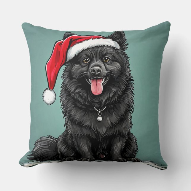 Adorable Black Dog Wearing Santa Hat Throw Pillow (Front)