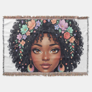 Adorable Black Girl W/ Flower Crown Afro Throw Blanket