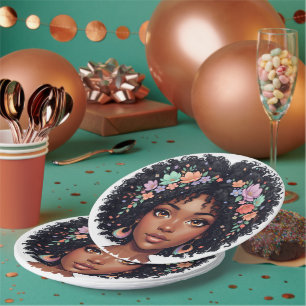 Adorable Black Girl With Floral Crown Afro Paper Plates