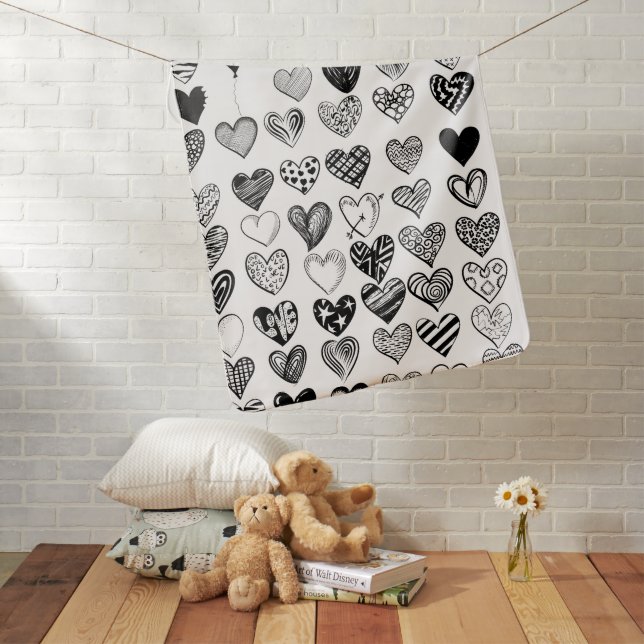 Adorable Black Heart Scribble Drawing Baby Blanket (In Situ)