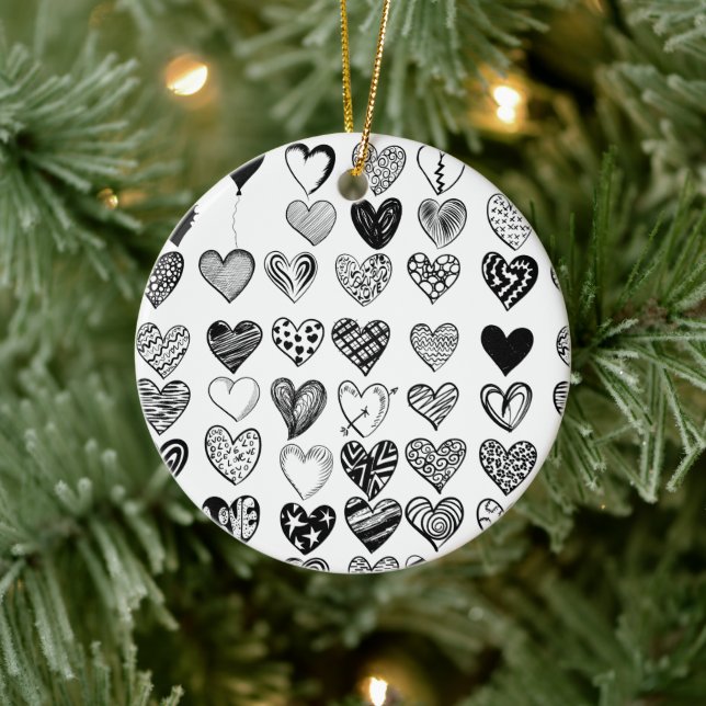 Adorable Black Heart Scribble Drawing Ceramic Ornament (Tree)