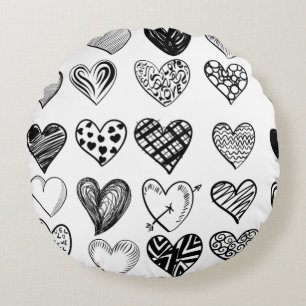 Adorable Black Heart Scribble Drawing Round Pillow