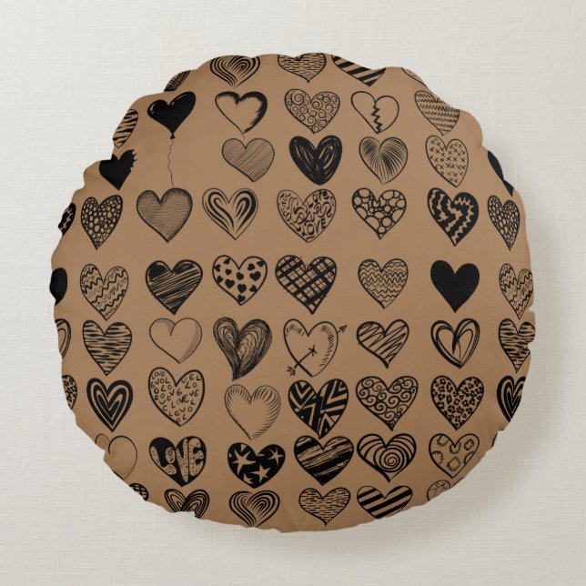 Adorable Black Heart Scribble Drawing Round Pillow (Front)