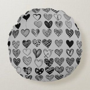 Adorable Black Heart Scribble Drawing Round Pillow