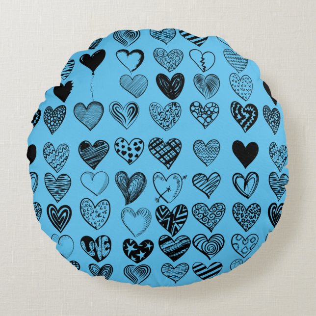 Adorable Black Heart Scribble Drawing Round Pillow (Front)